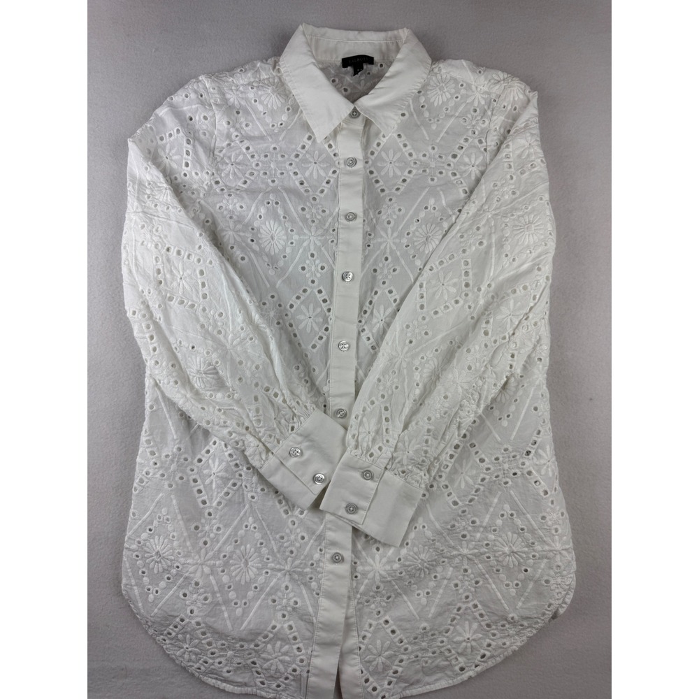 Talbots Womens White Cotton Eyelet Embroidered Button Down Shirt Size M Long Slv
